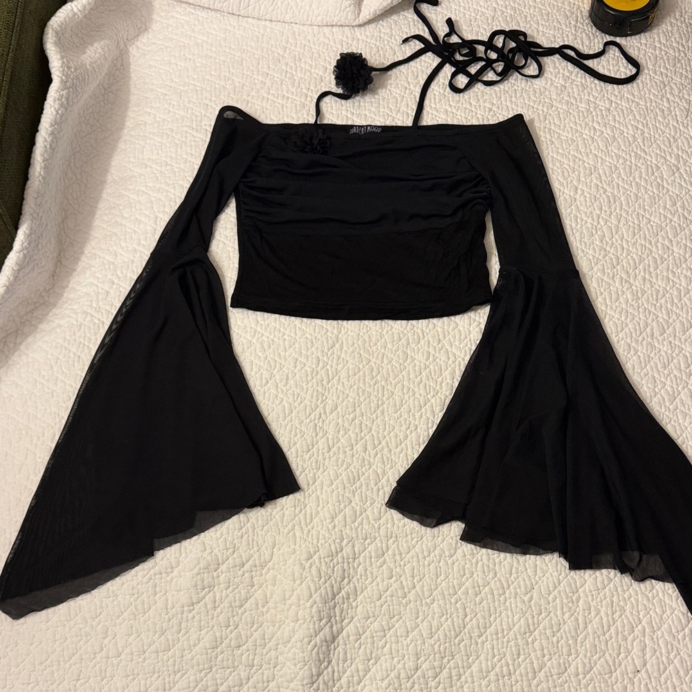 Current Mood Black Off-Shoulder Bell Sleeve Crop Top with Tie